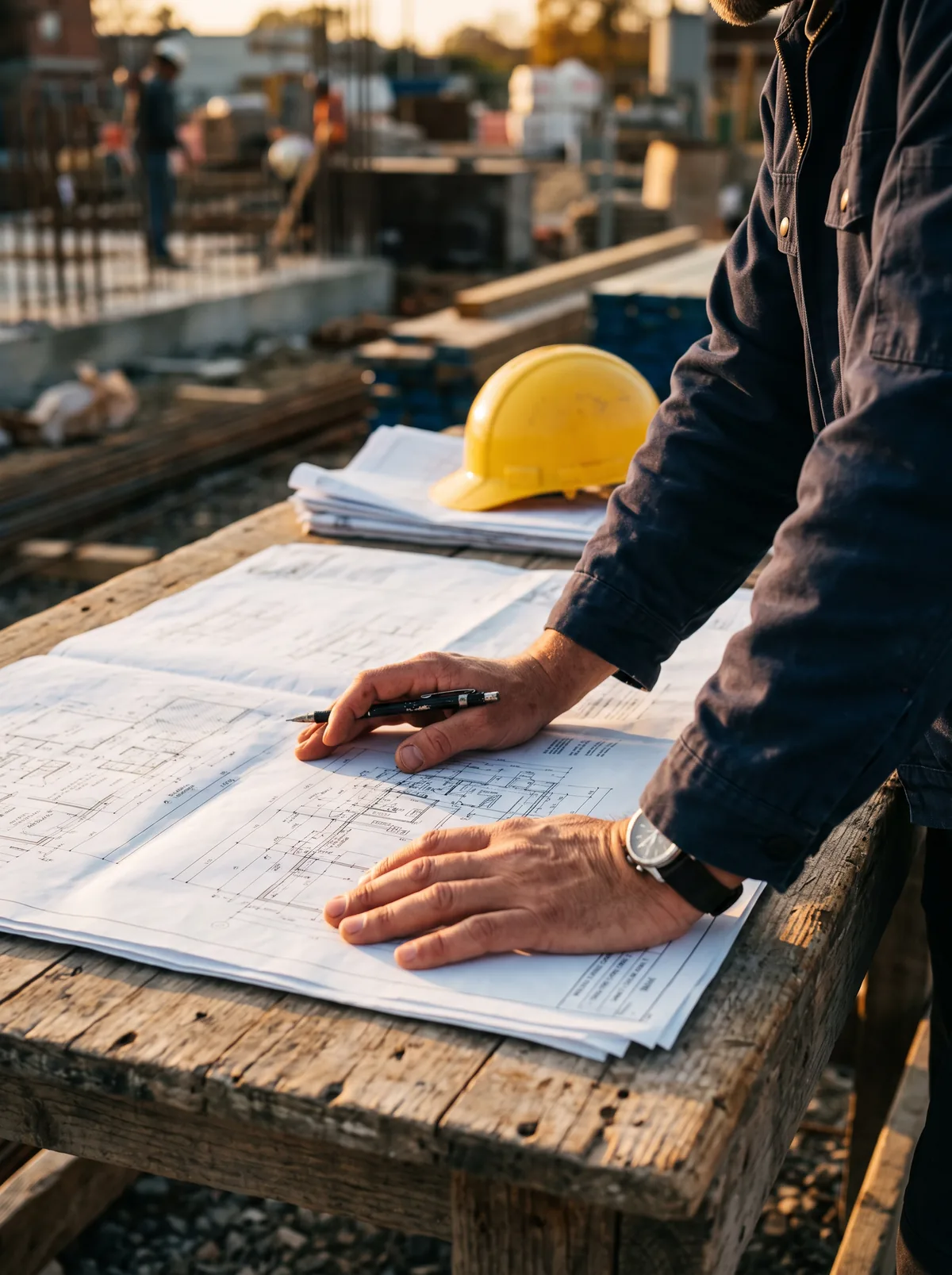 Mesa de projetos de engenharia em canteiro de obras, ao entardecer
