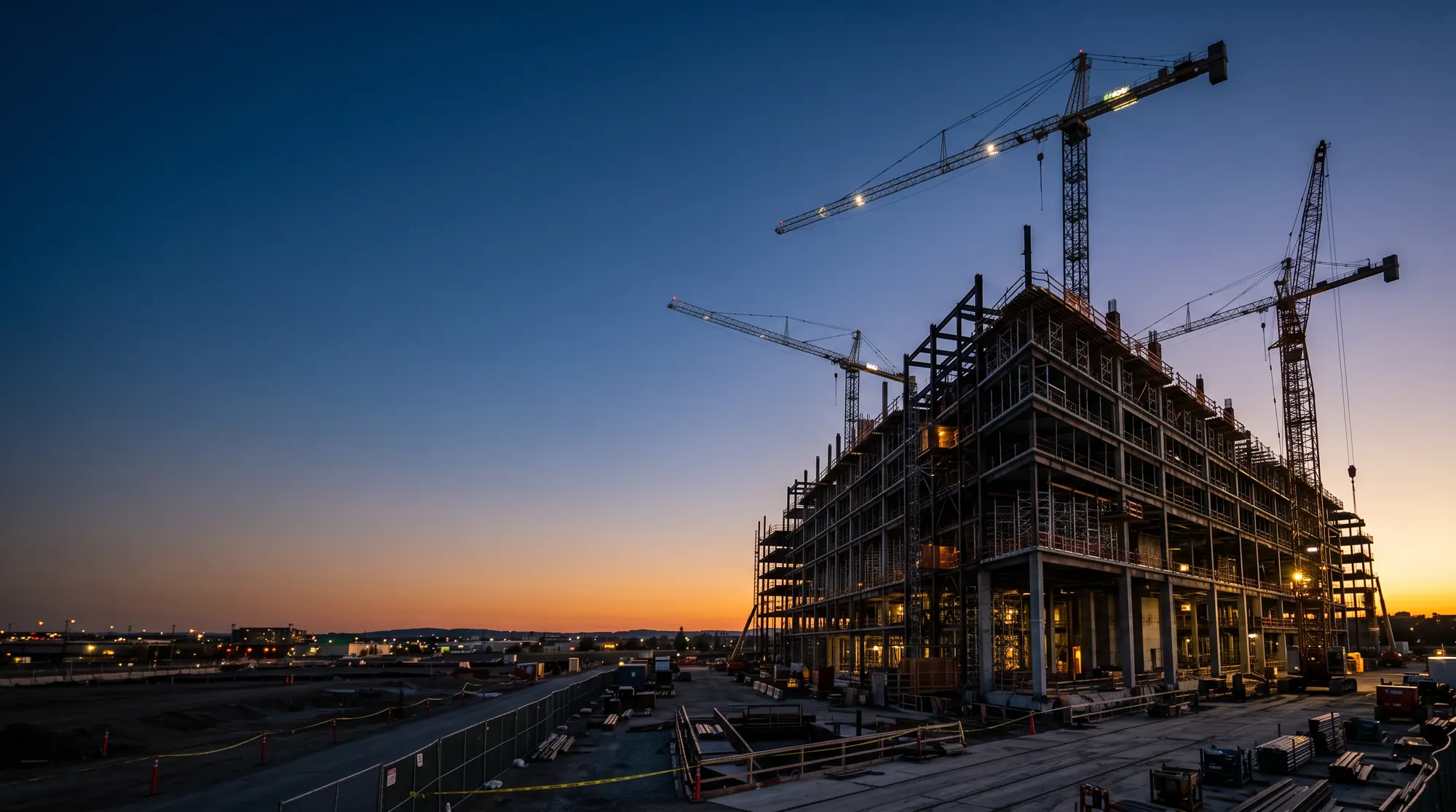 Estrutura industrial em construção ao entardecer